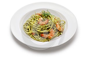 Sicilian pasta with pistachio pesto and shrimp photo