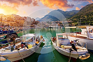 Sicilian port with fishing boats of Castellammare del Golfo village of Sicily, Trapani, Italy. Castellammare del Golfo town Gulf
