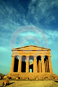 Sicily, ancient temple on blue eletric sky, Italy
