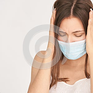 Sick beauty white girl with protective mask. Pandemic quarantine corona virus.