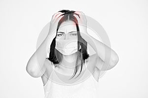 Sick beauty white girl with protective mask. Pandemic quarantine corona virus photo