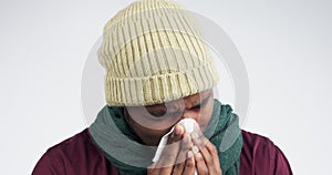 Sick, black man and face studio with flu, virus or guy with cold or covid bacteria and disease on white background