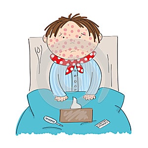 Sick boy with chickenpox, measles, rubeola or skin rash