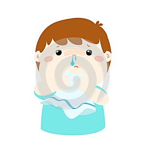 Sick boy runny nose .