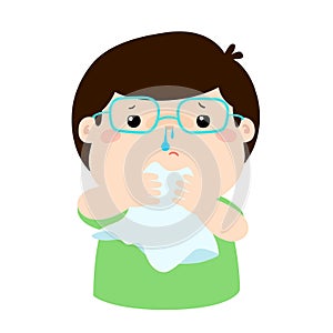 Sick boy runny nose .