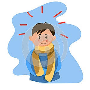 A sick boy with a scarf, in warm clothes, feels bad. Colds, coronavirus, flu. The boy looks unhealthy