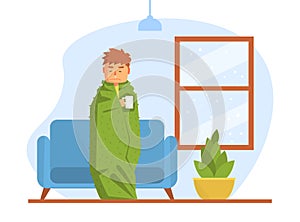 Sick Boy Suffering from Seasonal Infection, Male Person with Running Nose Wrapped to Warm Plaid Having Cold, Flu Cartoon