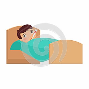 Sick boy with thermometer in bed flat vector illustration.