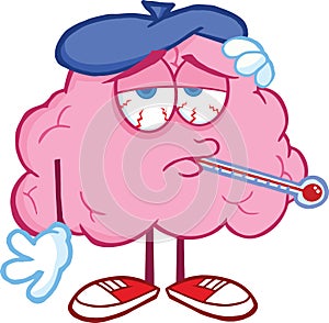 Sick Brain Character With Thermometer