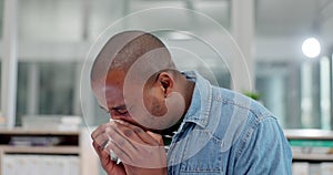 Sick, business and black man with a tissue, sneeze and blowing nose for allergies, infection and virus. Person, employee