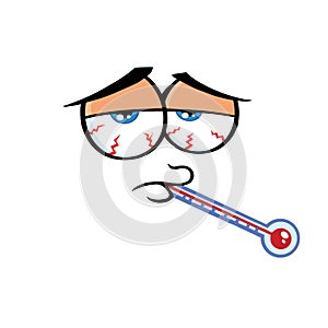 Sick Cartoon Funny Face With Tired Expression And Thermometer