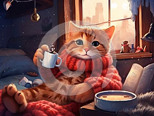 A sick cat lies on the sofa with a cup of tea, wrapped in a blanket. Winter cold and flu concept