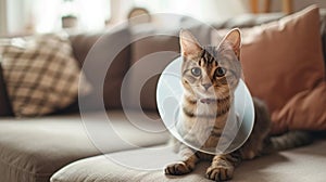Sick cat lying down looking at camera with plastic collar on head