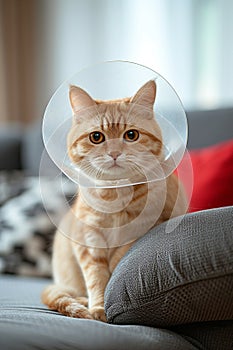 Sick cat lying down looking at camera with plastic collar on head