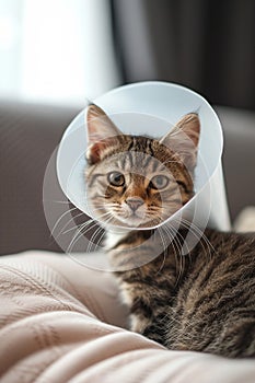Sick cat lying down looking at camera with plastic collar on head