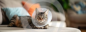 Sick cat lying down looking at camera with plastic collar on head