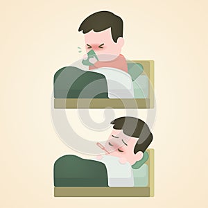 Sick child boy lying in bed with a thermometer in mouth and sneeze with fever, vector illustration