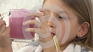 Sick Child with Drinking Drugs, Sad Ill Girl Face with Thermometer on Sofa, 4K