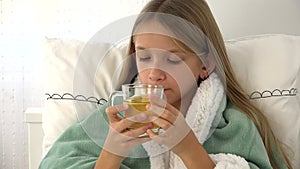 Sick Child Drinking Tea, Ill Kid in Bed, Blonde Girl Suffering from Cold, Patient in Hospital, Children Medical Healthcare