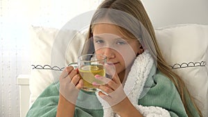 Sick Child Drinking Tea, Ill Kid in Bed, Blonde Girl Suffering from Cold, Patient in Hospital, Children Medical Healthcare