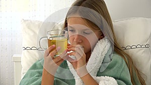 Sick Child Drinking Tea, Ill Kid in Bed, Blonde Girl Suffering from Cold, Patient in Hospital, Children Medical Healthcare