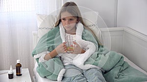 Sick Child Drinking Tea, Ill Kid in Bed, Suffering Girl, Patient in Hospital