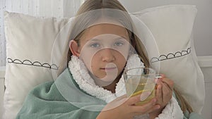 Sick Child Drinking Tea, Ill Kid in Bed, Suffering Girl, Patient in Hospital