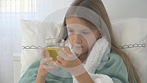 Sick Child Drinking Tea, Ill Kid in Bed, Suffering Girl, Patient in Hospital