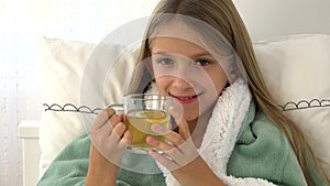 Sick Child Drinking Tea, Ill Kid in Bed, Suffering Girl, Patient in Hospital