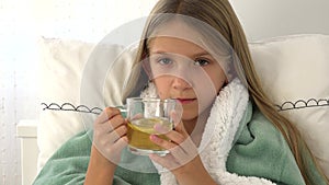 Sick Child Drinking Tea, Ill Kid in Bed, Suffering Girl, Patient in Hospital