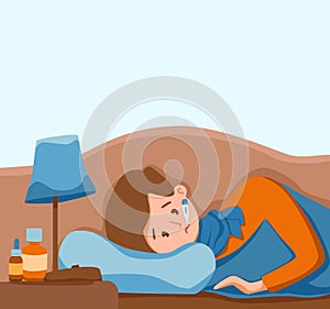Sick child with fever with thermometer in mouth vector illustration