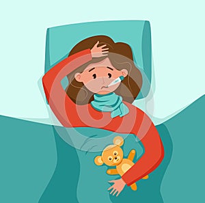 Sick child with fever with thermometer in mouth vector illustration