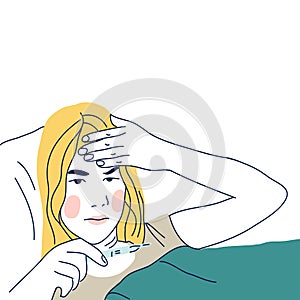 Sick child girl lying in bed. Cold.  illustration. Cartoon character