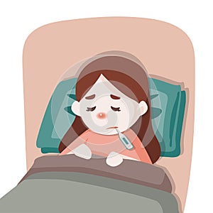 Sick child girl lying in bed with a thermometer in mouth and feel so bad with fever, vector cartoon illustration