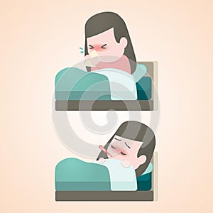 Sick child girl lying in bed with a thermometer in mouth and sneeze with fever, vector cartoon illustration