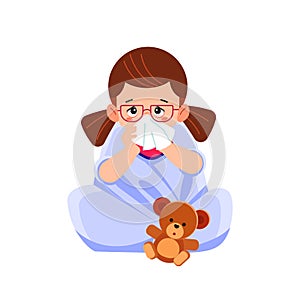 Sick child girl sitting in bed with toy bear and blowing her nose, feel so bad with fever. Cartoon vector illustration