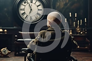 A sick child sitting on wheelchair looking at a clock. Generative Ai