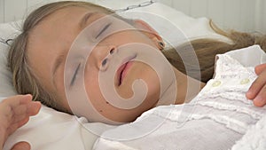 Sick Child Sleeping in Bed, Ill Kid, Little Girl in Hospital Medicine Pill