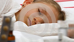 Sick Child Sleeping in Bed, Suffering Ill Kid Sleeping in Hospital Medicine Pill