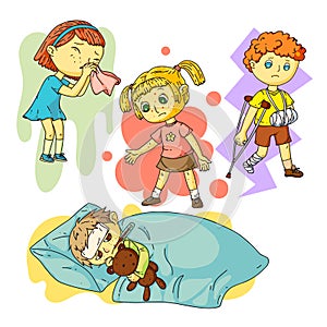 Sick children with different symptoms scenes set
