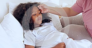 Sick, children or a girl with a fever in bed to relax or recover and a parent in the home to care or check. Family, kids