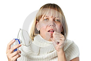 Sick cough woman holding inhaler isolated