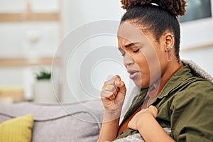 Sick, cough and woman in home with health problem of flu, cold or medical virus. Black female person, pain and coughing