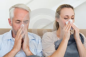 Sick couple blowing their noses sitting on the couch