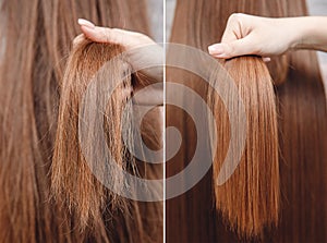 Sick, cut and healthy hair care keratin. Before and after treatment