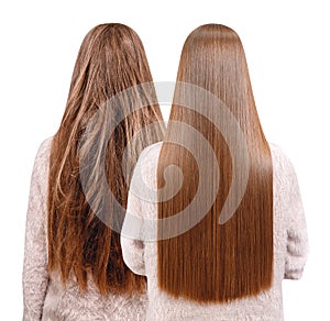 Sick, cut and healthy hair care keratin. Before and after treatment