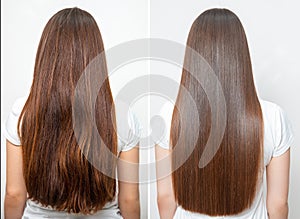 Sick, cut and healthy hair care straightening. Before and after treatment