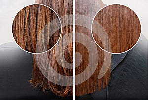 Sick, cut and healthy hair care straightening. Before and after treatment