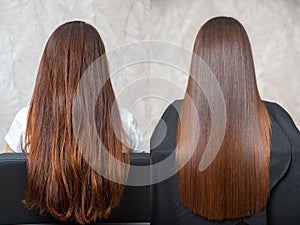 Sick, cut and healthy hair care straightening. Before and after treatment photo