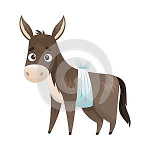 Sick donkey farm animal. Sad baby animal with bandage on its stomach suffering from stomachache cartoon vector